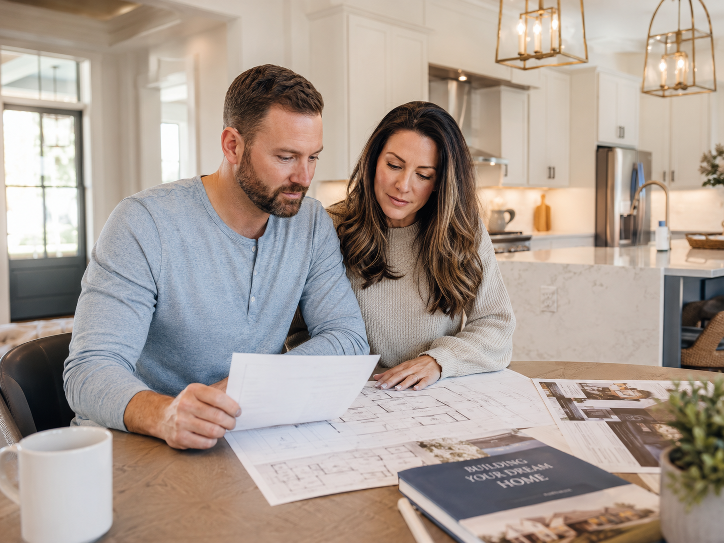 Homebuyers reviewing builder incentives and new construction documents Texas