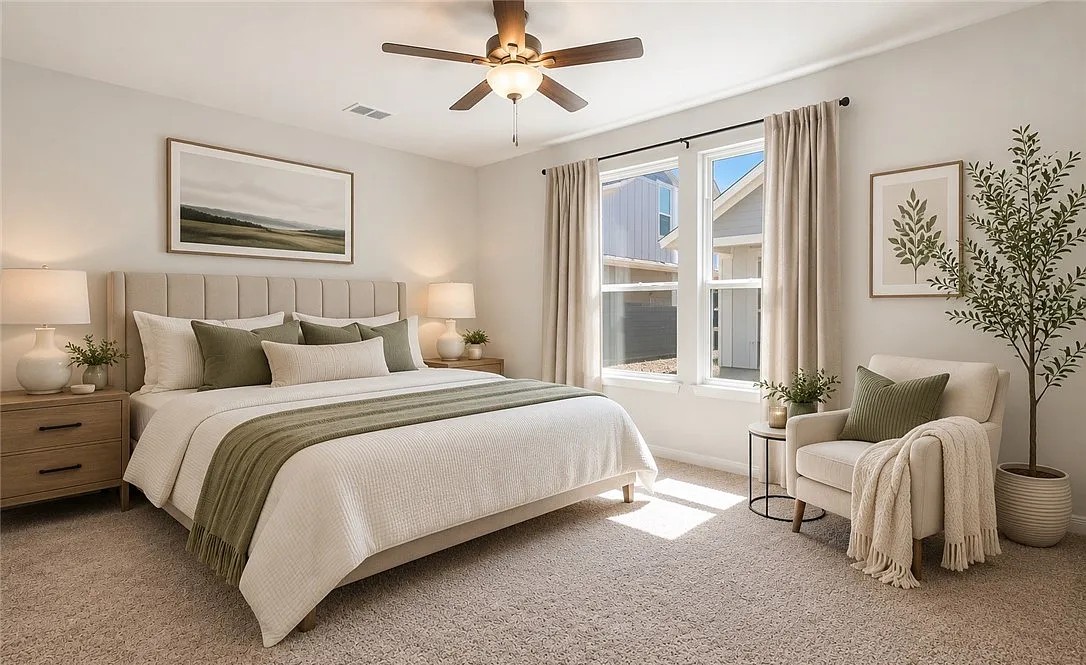 Warm, layered cottage interior with olive and cream tones